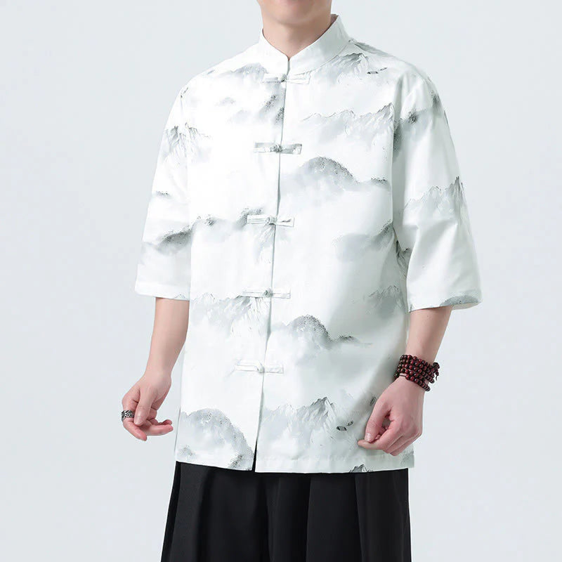 Buddha Stones Printing Chinese Ink Landscape Pattern Men's Frog-button Half Sleeve Shirts