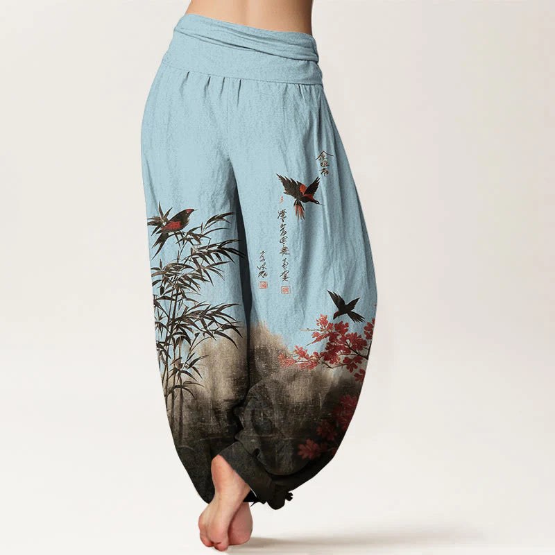 Buddha Stones Cotton Classical Bamboo Bird Flower Pattern Women's Elastic Waist Harem Pants