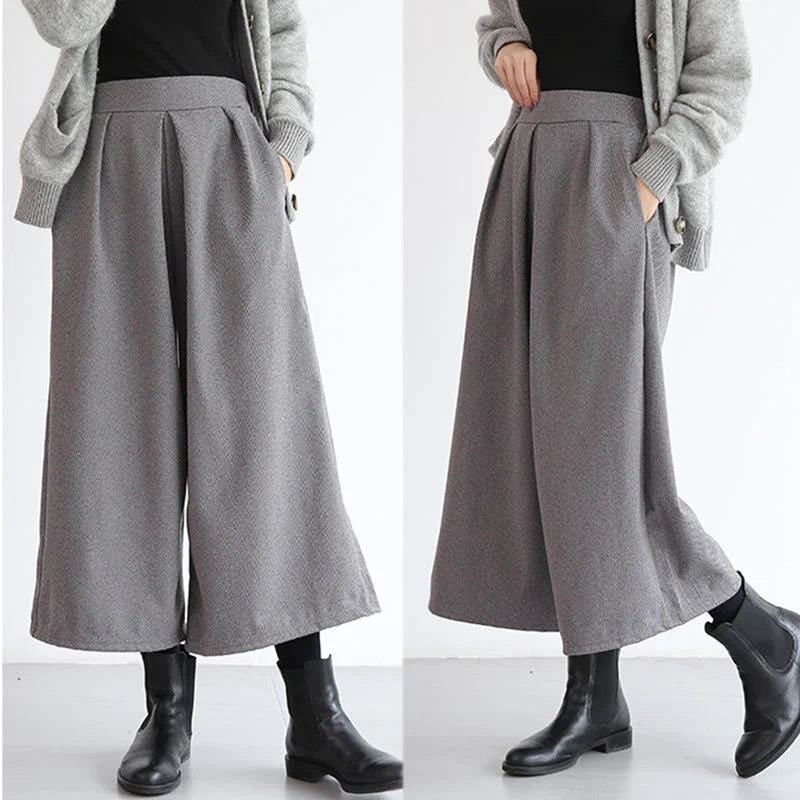Buddha Stones Plain Elastic Waistband Design Women's 7-8 Length Wide Leg Pants With Pockets