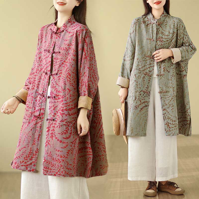 Buddha Stones Frog-button Vine Leaves Women's Coat With Pockets