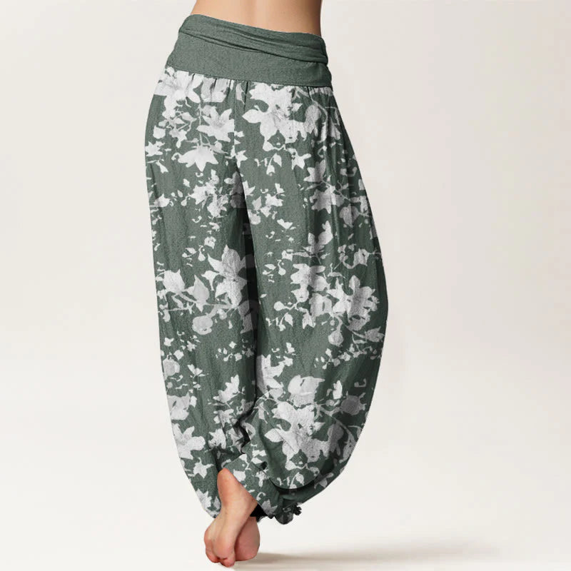 Buddha Stones Cotton Leaves Design Women's Elastic Waist Harem Pants