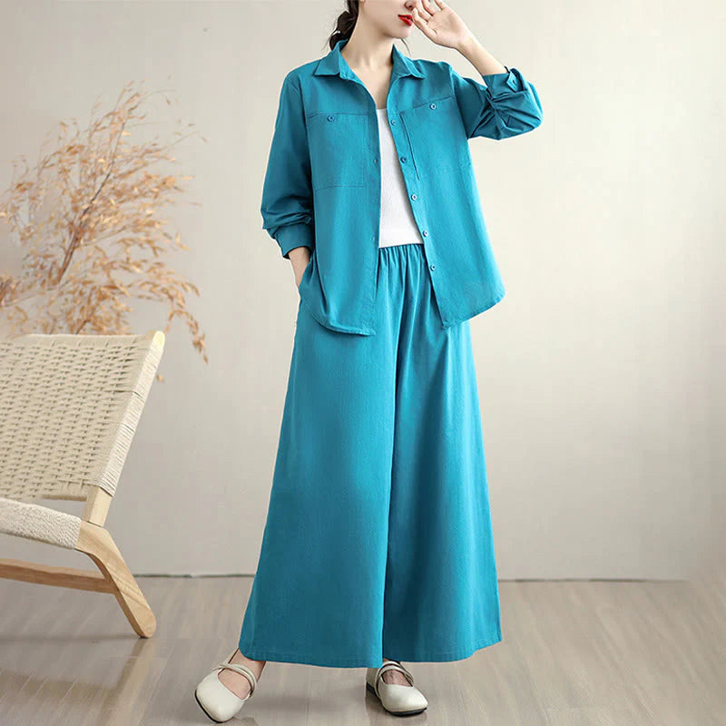 Buddha Stones 2Pcs Fall Solid Color Cotton Buttons Down Long Sleeve Shirt Ankle-Length Wide Leg Pants Women's Set With Pockets