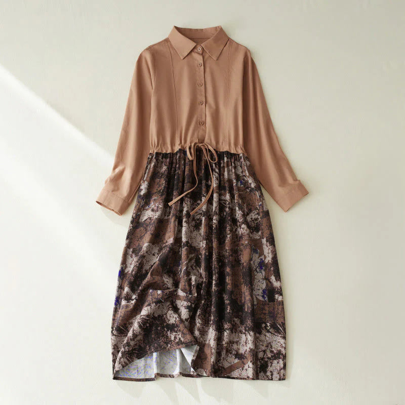 Buddha Stones Fall Printed Patchwork Design Drawstring Long Sleeve Linen Midi Dress With Pockets