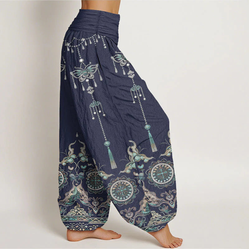 Buddha Stones Cotton Classic Jewelry Butterfly Flower Tassel Pattern Women's Elastic Waist Harem Pants