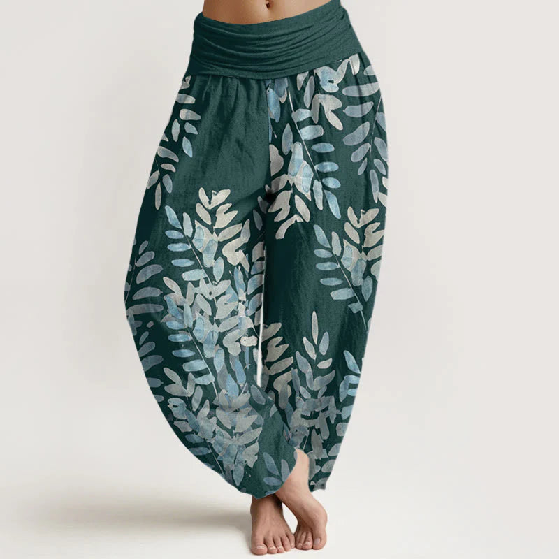 Buddha Stones Cotton Casual Plant Interlaced Leaves Pattern Women's Elastic Waist Harem Pants