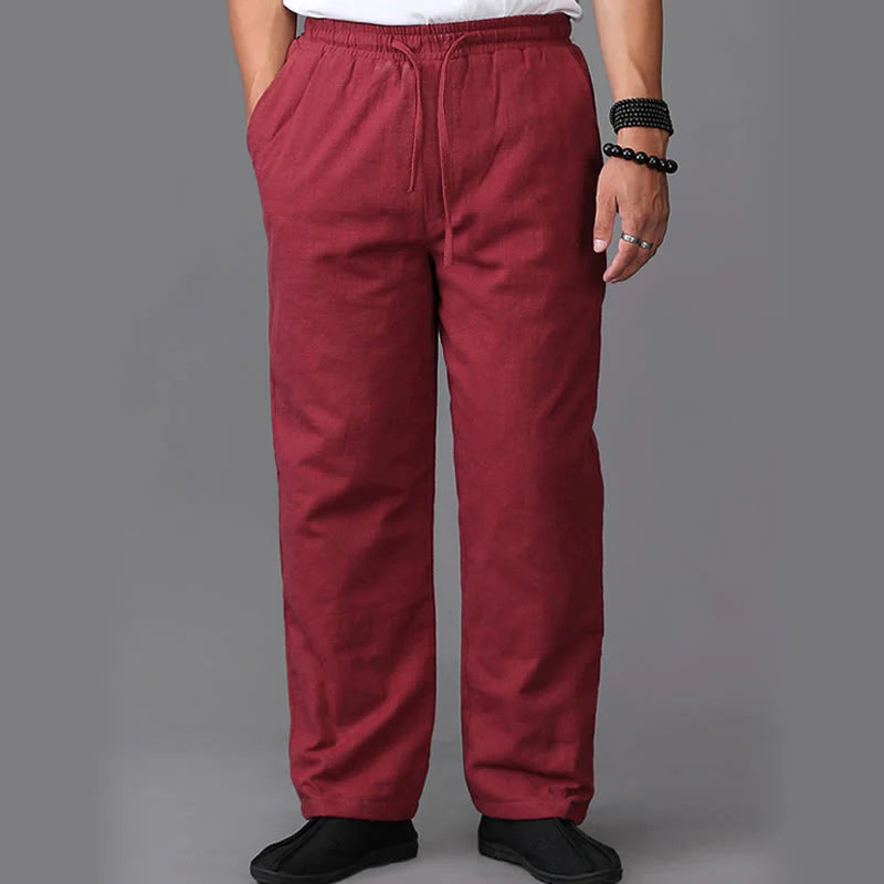 Buddha Stones Winter Men's Fleece Lined Drawstring Linen Pants With Pockets