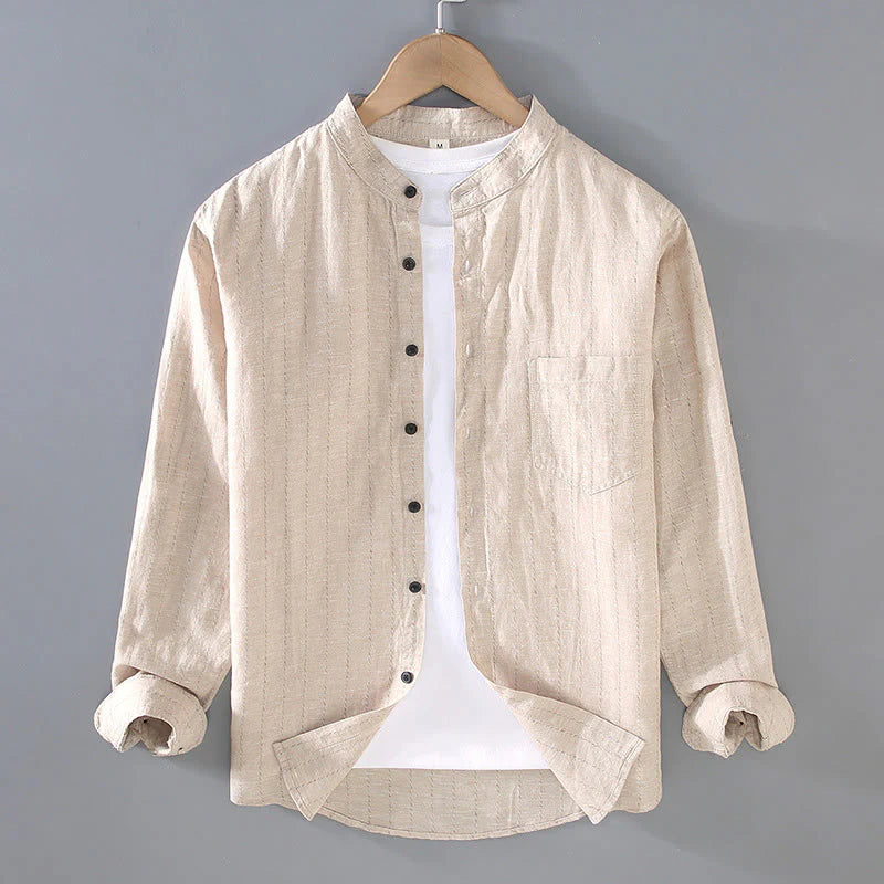 Buddha Stones Daily Tang Suit Men's Striped Pattern Cotton Linen Long Sleeve Shirt