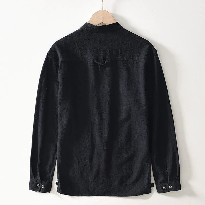 Buddha Stones Solid Color Men's Buttons Long Sleeve Cotton Linen Shirt With Pockets