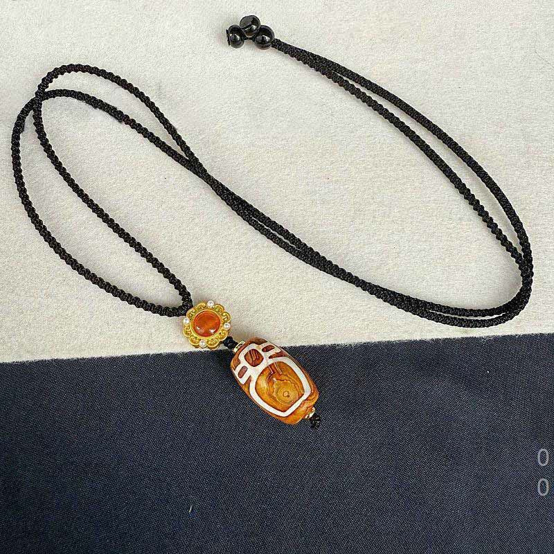 Buddha Stones Tibetan Agate Carved God of Wealth Nine-eye Dzi Bead Blessing Necklace Pendant