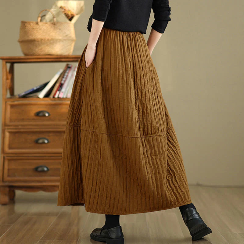 Buddha Stones Plain Pleats Design Elastic Waist Women's Thermal Skirt With Pockets