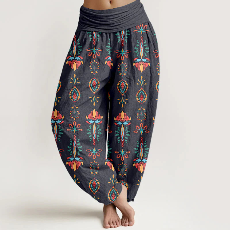 Buddha Stones Pure Cotton Colorful Lotus Flowers Green Leaves Geometric Women's Elastic Waist Harem Pants