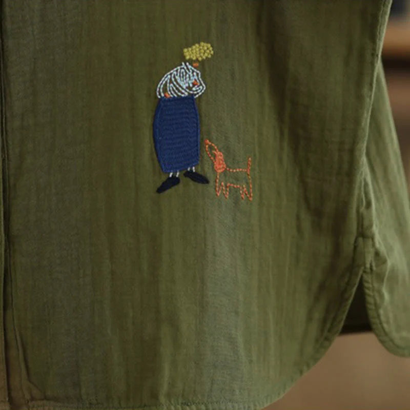 Buddha Stones Fall Embroidery Human Figure Dog Pattern Round Neck Buttons Women's Long Sleeve Shirt