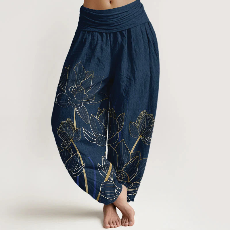 Buddha Stones Pure Cotton Minimalist Style Lotus Flower Pod Pattern Women's Elastic Waist Harem Pants