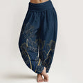 Buddha Stones Pure Cotton Minimalist Style Lotus Flower Pod Pattern Women's Elastic Waist Harem Pants