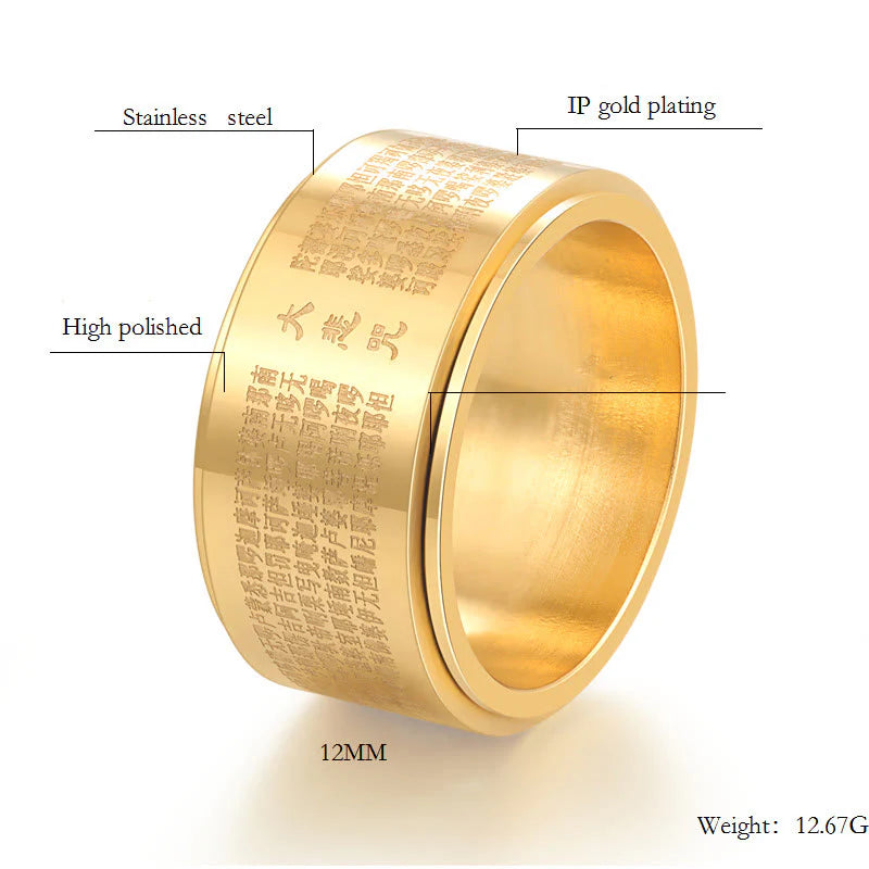 Buddha Stones Great Compassion Mantra Carved Titanium Steel Strengthen Rotatable Ring