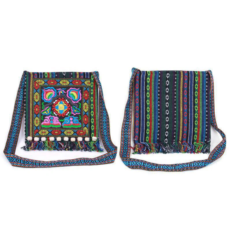 Buddha Stones Tibetan Handmade Embroidered Camellia Canvas Shoulder Bag Crossbody Bag