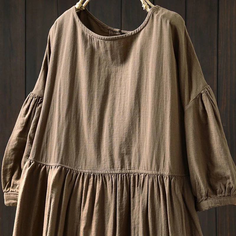 Buddha Stones Summer Solid Color Crew Neck Half Sleeve Cotton Midi Dress With Pockets