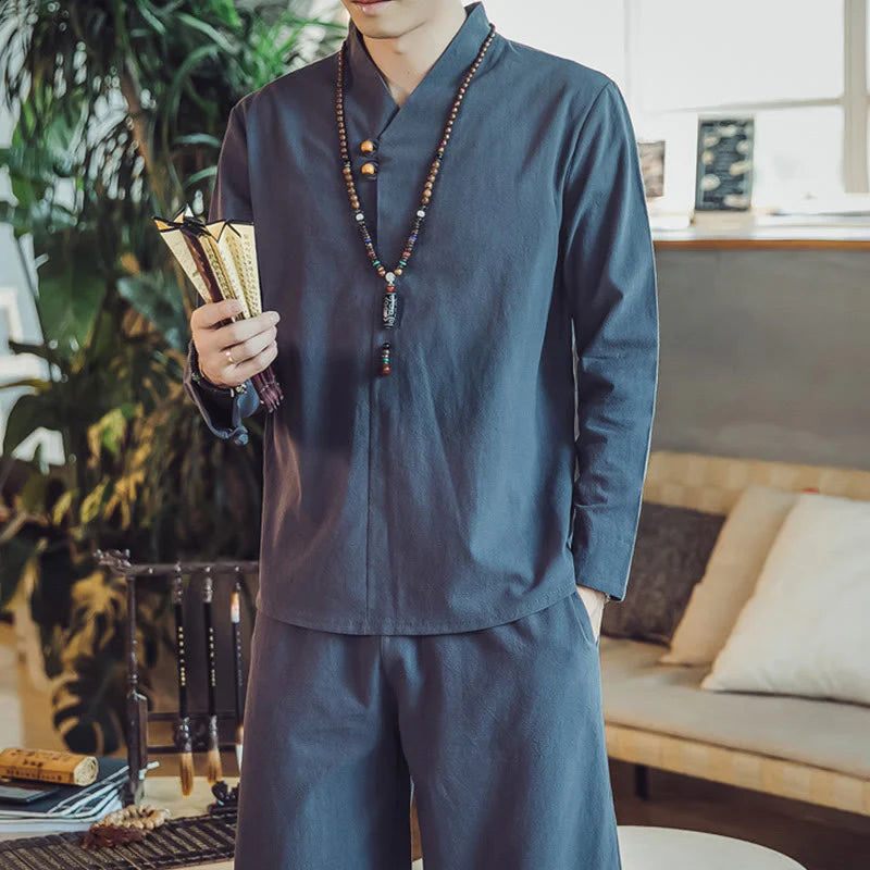 Buddha Stones 2Pcs Shirt Ankle-Length Pants With Pockets Men's Meditation Cloth Set