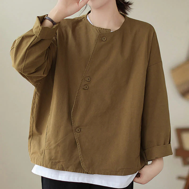 Buddha Stones Spring Plain Asymmetry Design Long Sleeve Women's Cotton Linen Jacket With Pockets