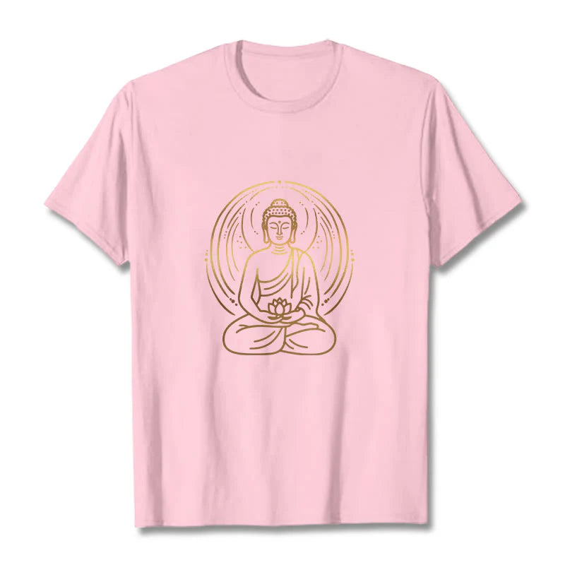 Buddha Stones Golden Meditation Buddha Halo Holding A Lotus Flower Tee T-shirt