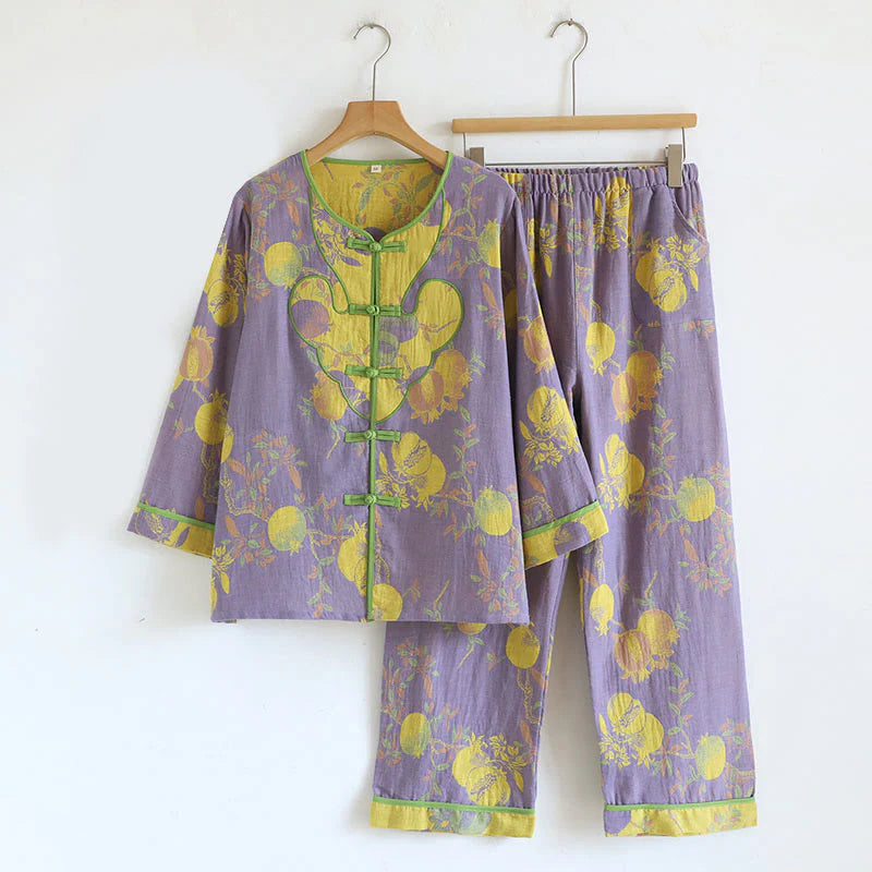 Buddha Stones 2pcs Frog-Button Printed Long Sleeve Cardigan Shirt Pants With Pockets Cotton Set
