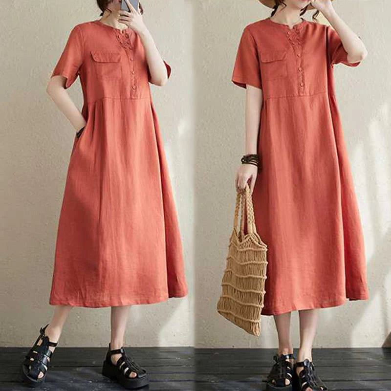 Buddha Stones Stand Collar Buttons Design Linen Short Sleeve Midi Dress With Pockets