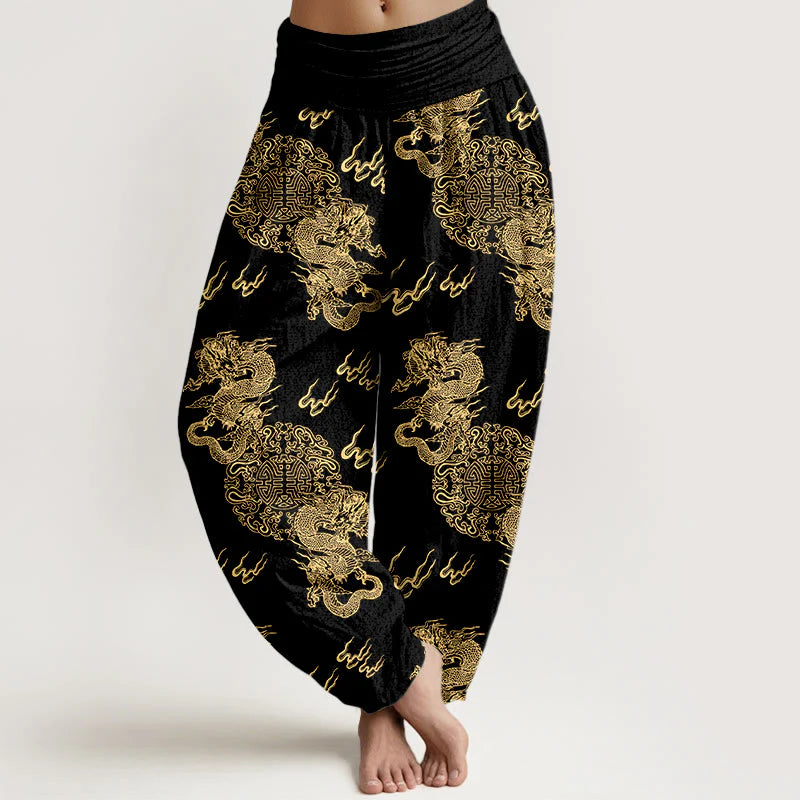 Buddha Stones Pure Cotton Double Dragon Cloud Pattern Women's Elastic Waist Harem Pants