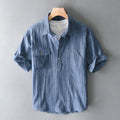 Buddha Stones Summer Solid Pleated Design Men's Half Button Short Sleeve Cotton Ramie Shirt