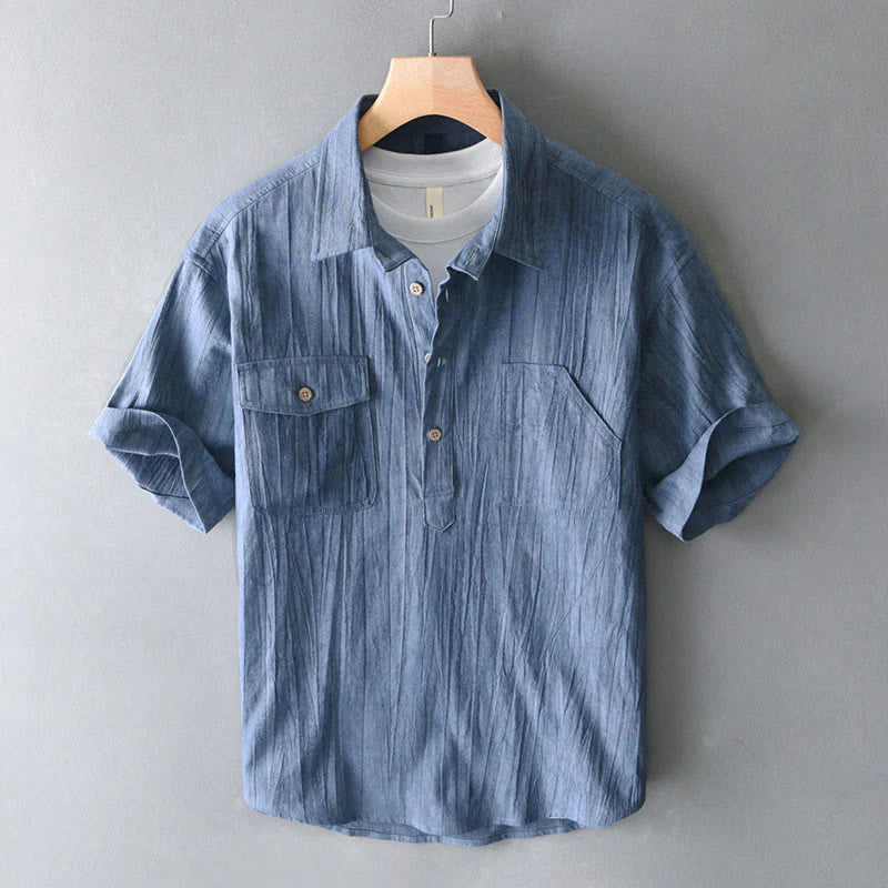 Buddha Stones Summer Solid Pleated Design Men's Half Button Short Sleeve Cotton Ramie Shirt