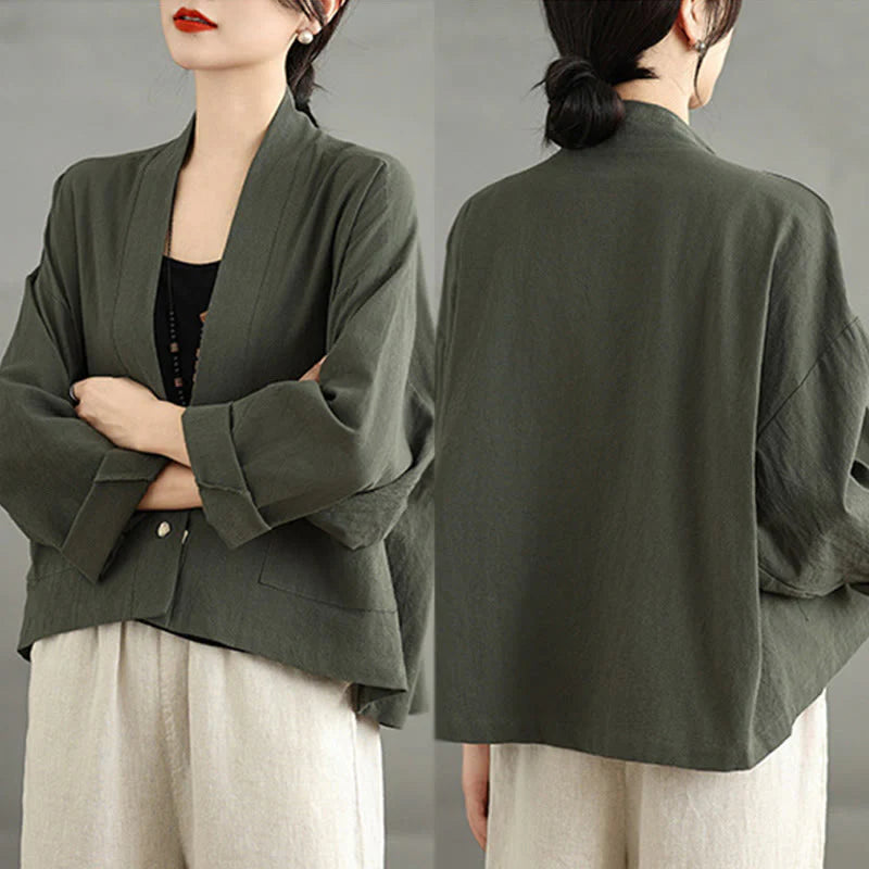 Buddha Stones Casual Vintage Plain Long Sleeve Open Front Cardigan Cotton Linen Jacket With Pockets