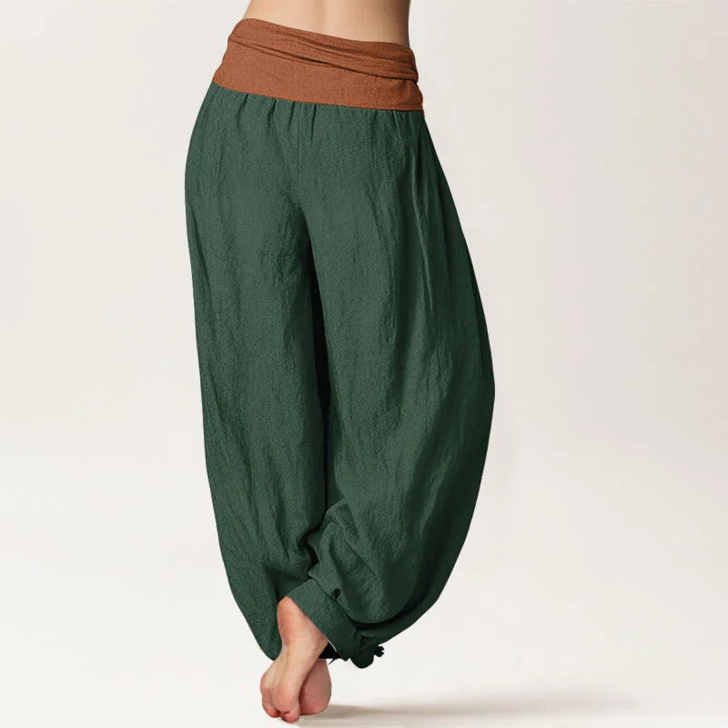 Buddha Stones Cotton Green Black Brown Red Solid Color Women's Elastic Waist Harem Pants