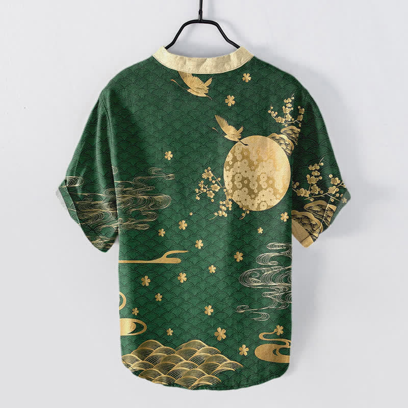 Buddha Stones Cotton Plum Blossom Full Moon Crane Emblem Men's Short Sleeve Half Button Shirt