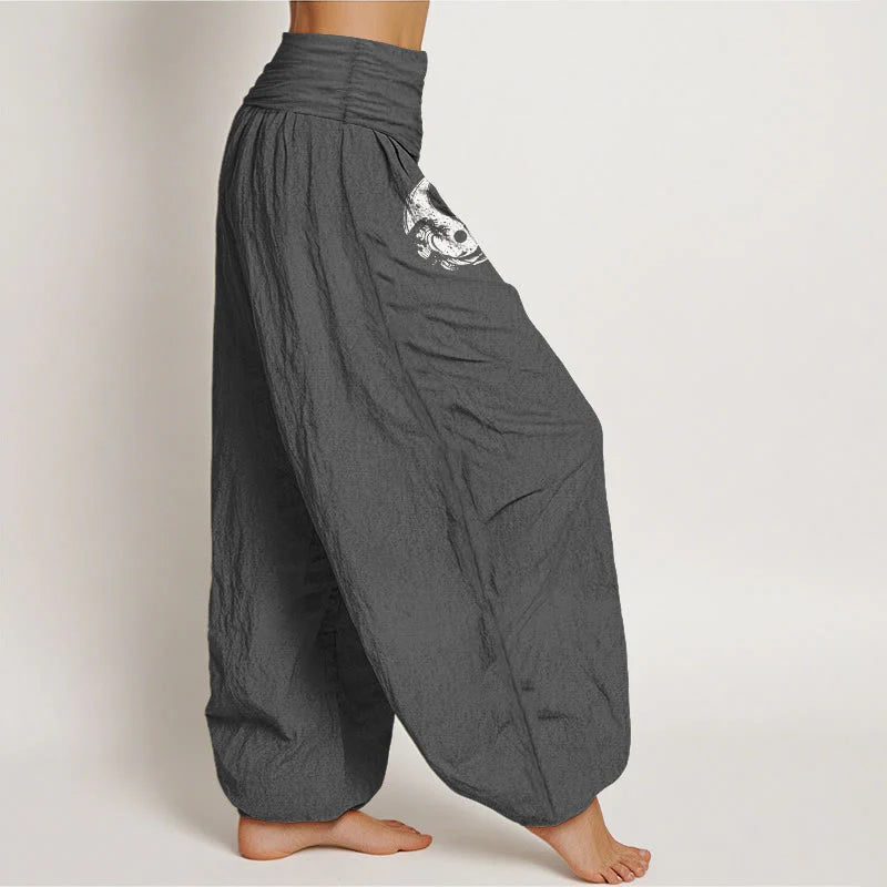 Buddha Stones Dragon Yin Yang Waves Flower Pattern Pure Cotton Women's Elastic Waist Harem Pants