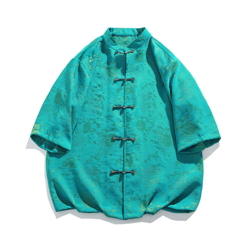 Buddha Stones Summer Vintage Elegant Mandarin Collar Gold Cloud Pattern Elbow Sleeve Men's Shirt