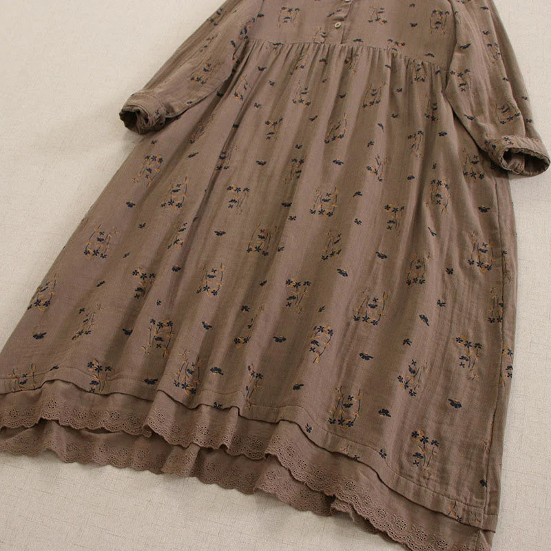 Buddha Stones Spring Small Floral Print Buttons Design Crew Neck Long Sleeve Midi Dress With Pockets