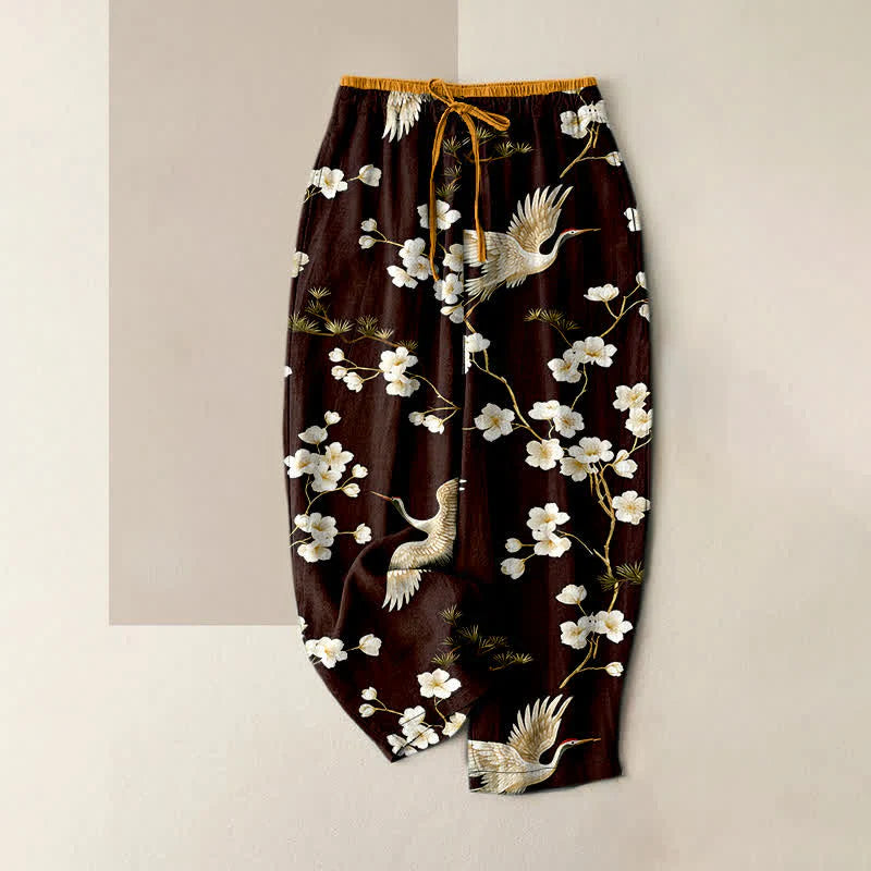 Buddha Stones Pure Cotton Crane Plum Blossom Elastic Waist Women's Pants With Pockets