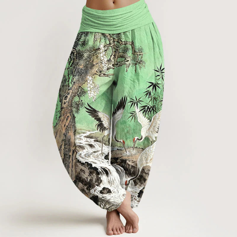 Buddha Stones Pure Cotton Red-crowned Crane Stream Pattern Women's Elastic Waist Harem Pants