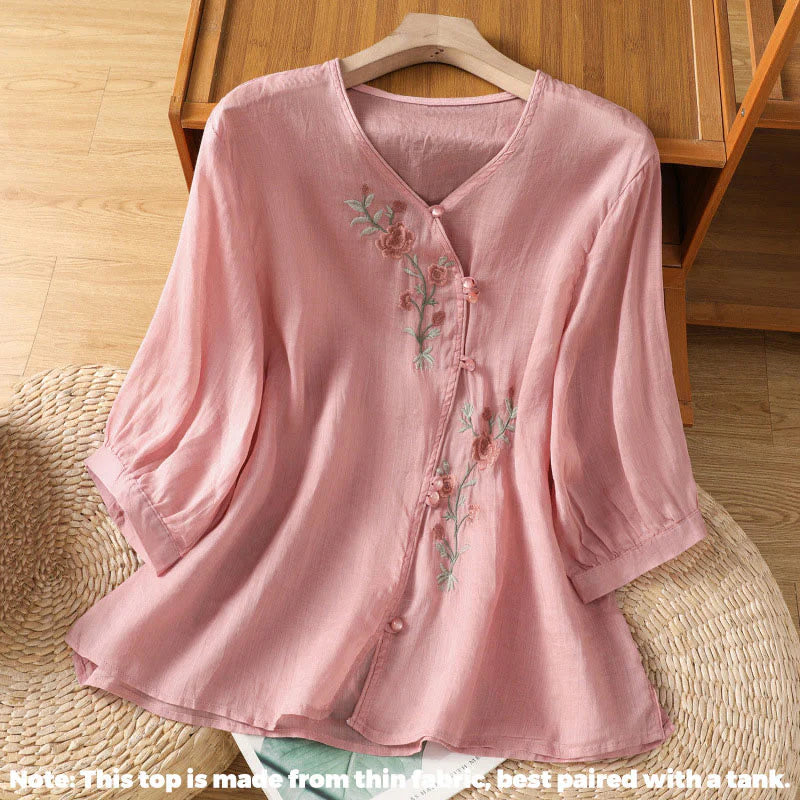 Buddha Stones Embroidered Flowers Cotton Women's V-neck Shirt
