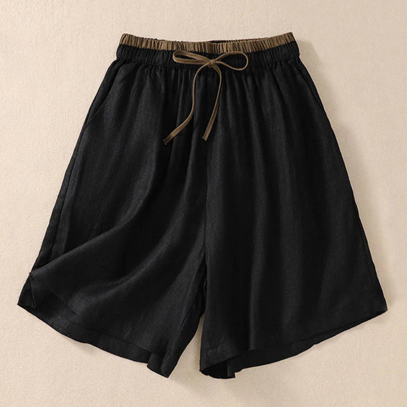 Buddha Stones Solid Color Contrast Color Waist Lace-up Cotton Linen Women's Shorts With Pockets