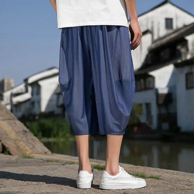 Buddha Stones Summer Elastic Waist Drawstring Solid Color Half Men's Tapered Pants With Pockets