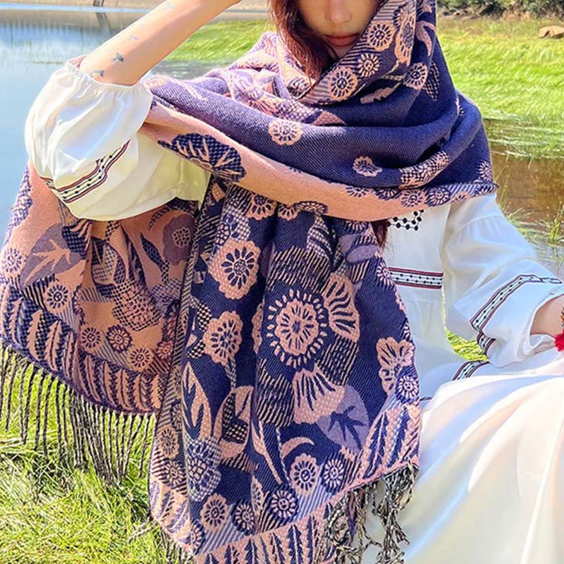 Buddha Stones Jacquard Ethnic Paisley Plants Pattern Tassel Soft Thermal Scarf Shawl