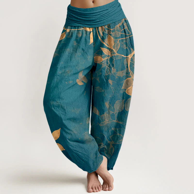Buddha Stones Pure Cotton Softly Colored Leaves Pattern Women's Elastic Waist Harem Pants