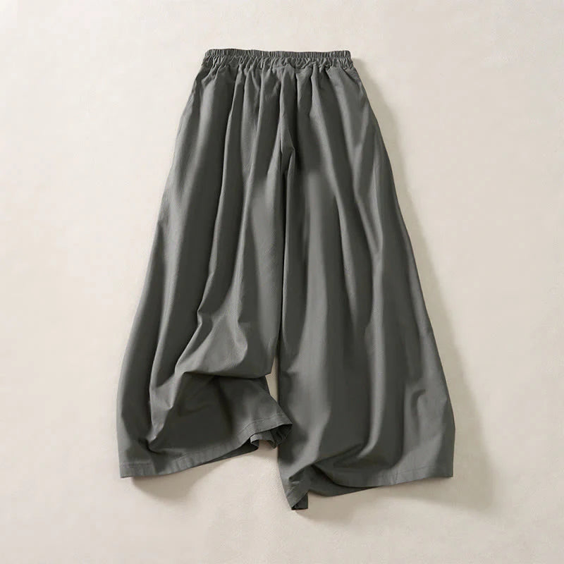 Buddha Stones Summer Pleated Design Elastic Waistband Cropped Women's Wide Leg Pants With Pockets