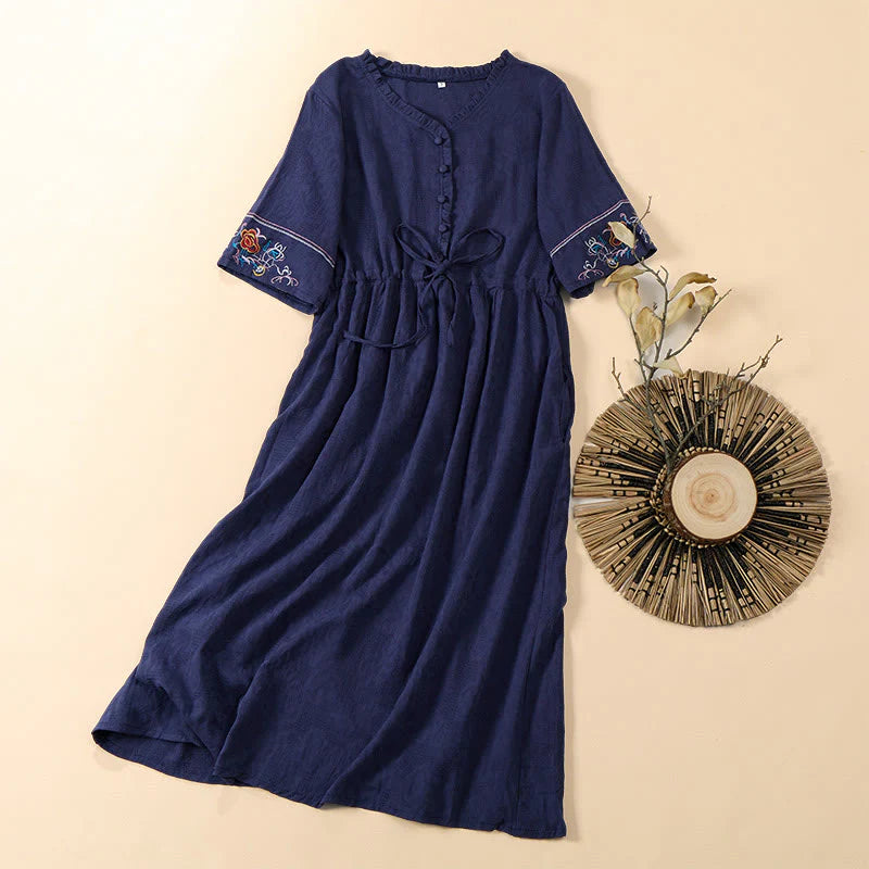 Buddha Stones Summer V-Neck Floral Embroidery Design Short Sleeve Cotton Midi Dress With Pockets