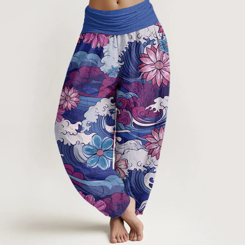 Buddha Stones Cotton Colorful Ocean Wave Various Flower Pattern Women's Elastic Waist Harem Pants
