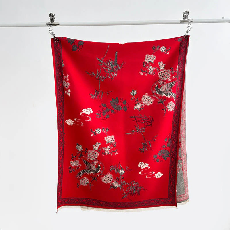 Buddha Stones Winter Birds Bamboo Leaves Vines Pattern Soft Scarf Shawl