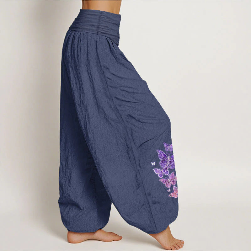 Buddha Stones Pure Cotton Pastel Butterfly Pattern Women's Elastic Waist Harem Pants