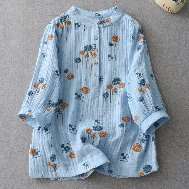 Buddha Stones Printed Half Button DesignThree Quarter Gathered Sleeve Women's Cotton Shirt