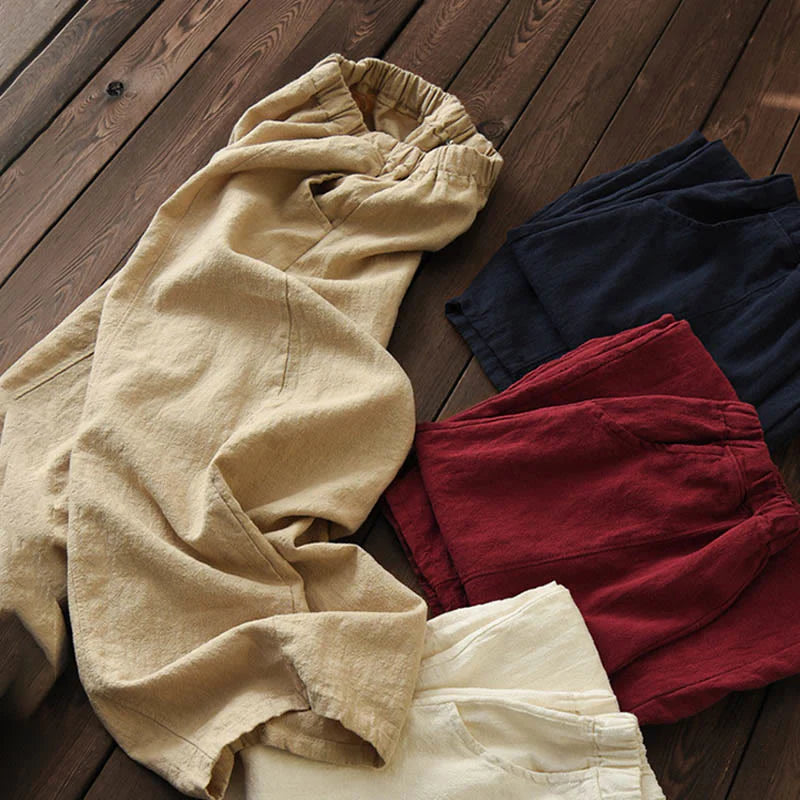 Buddha Stones Casual Plain Color Elastic Waistband Fleece Lined Cotton Ramie Women's Pants With Pockets