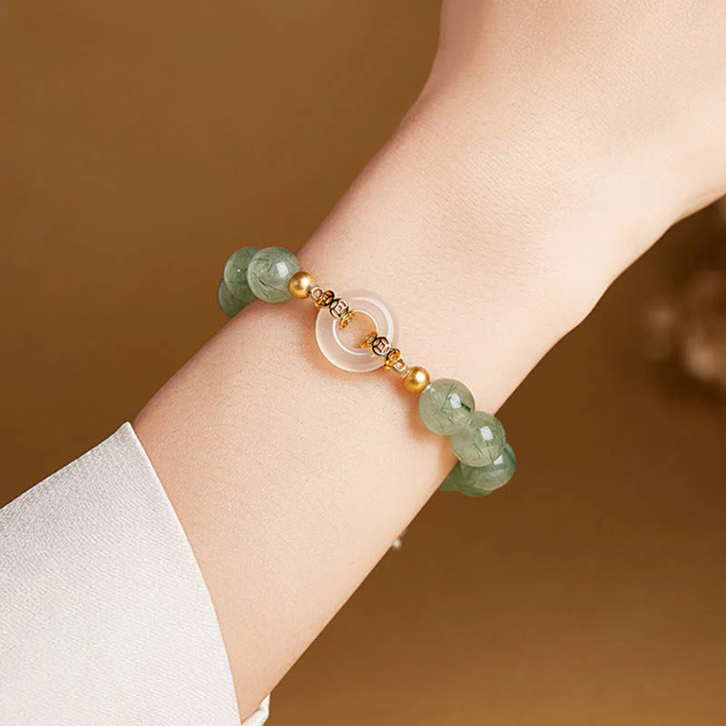 Buddha Stones 925 Sterling Silver Green Rutilated Quartz White Chalcedony Peace Buckle Courage Bracelet